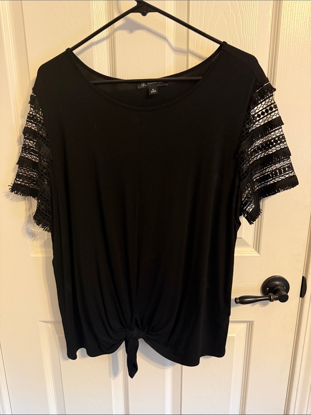 INC International Concepts Black Tie Front Top XL Crochet Fringe Sleeve Boho